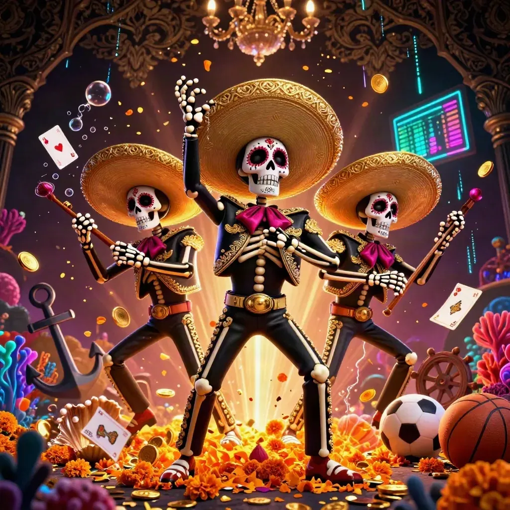 Skeleton mariachi trio in a neon casino treasure cove with coins, cards, coral and glowing gold.
