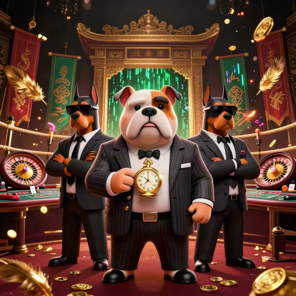 Bulldog boss and Dobermans in a luxe casino scene with neon gold, smoke and roulette action.