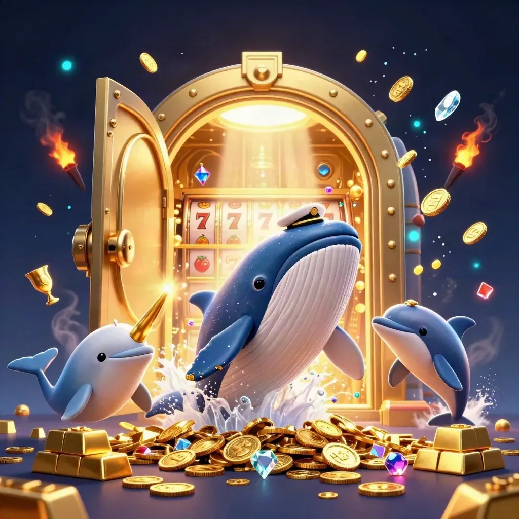 Whale captain, narwhal and dolphins burst from a gold vault amid gems and casino effects.