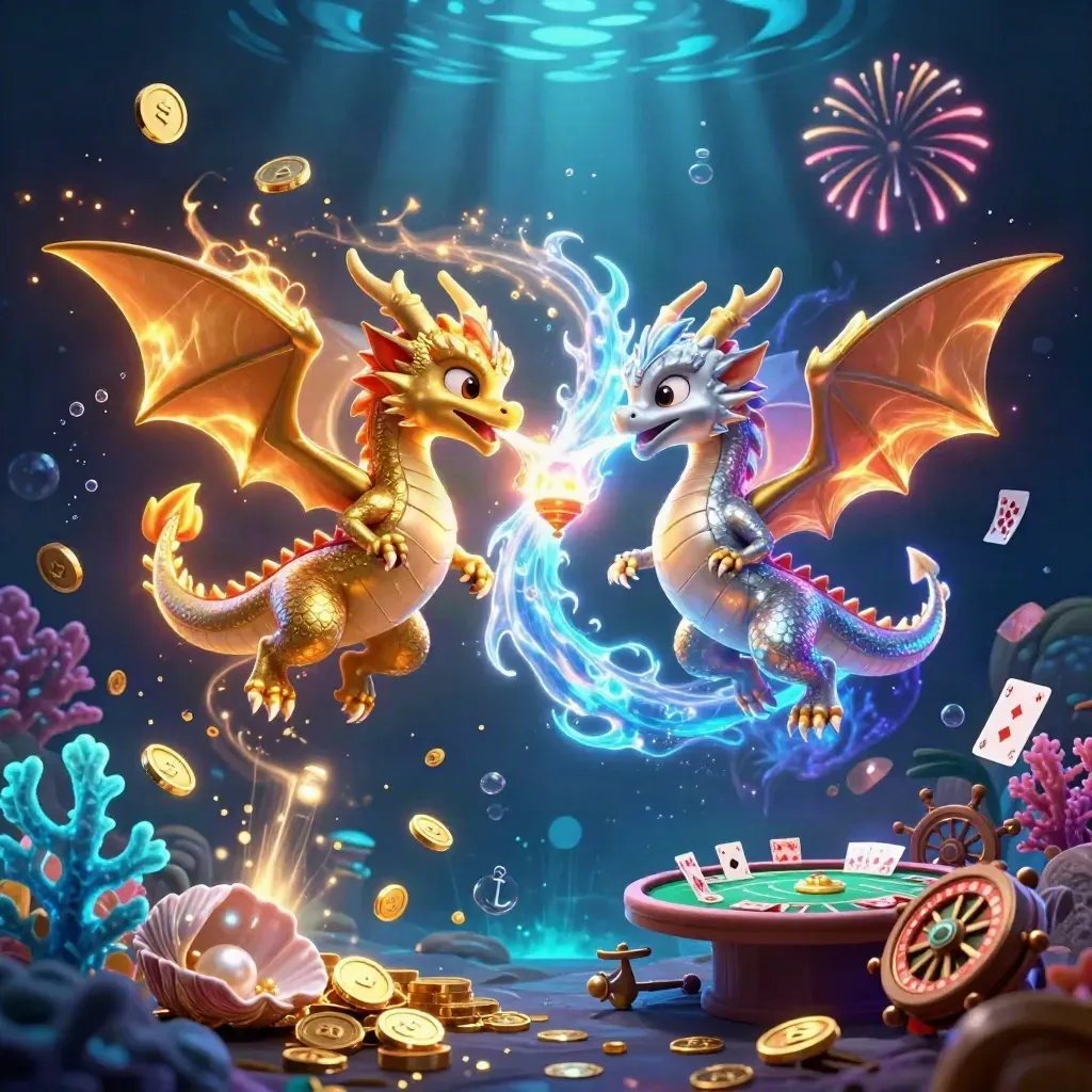 Twin gold and silver dragons swirl through coins and treasure in a neon underwater casino burst.