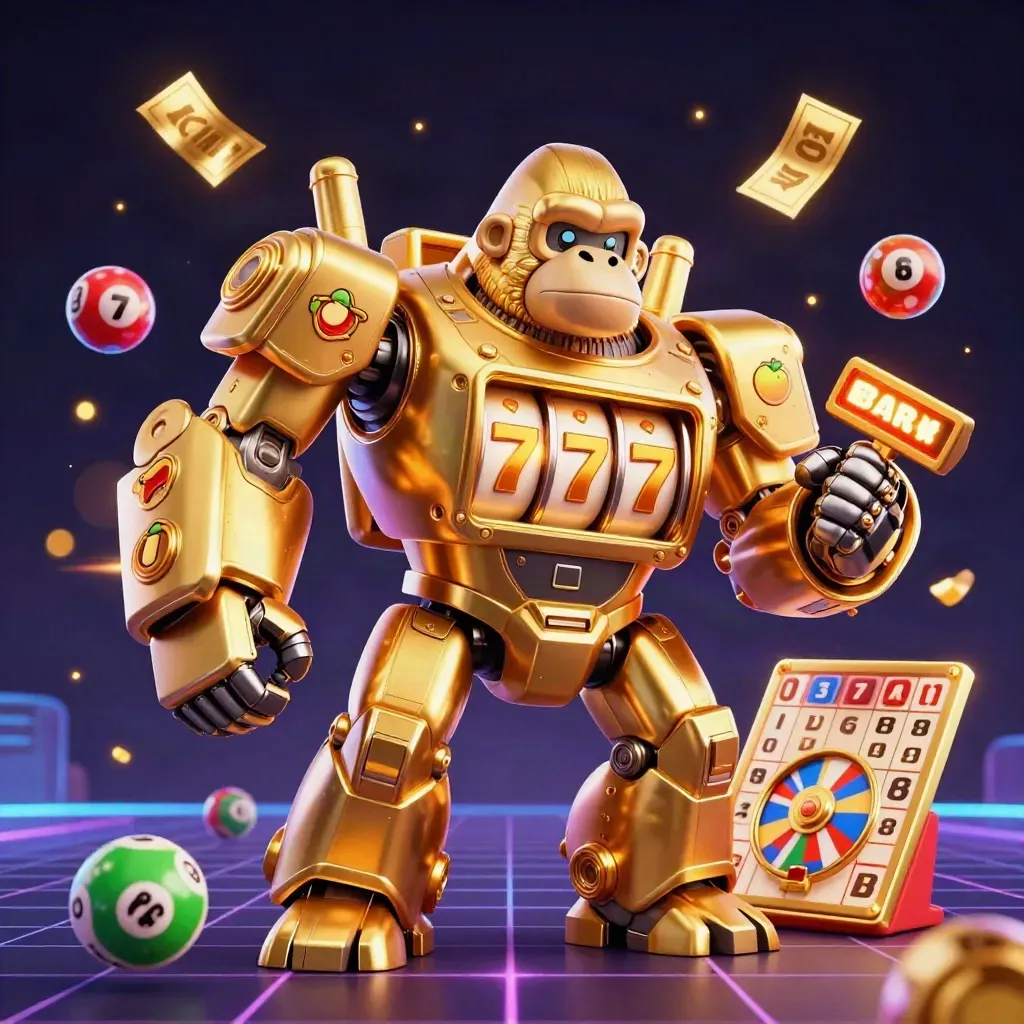 Golden gorilla slot mech with monkey pilot, lottery balls, prize wheel, and glowing casino effects