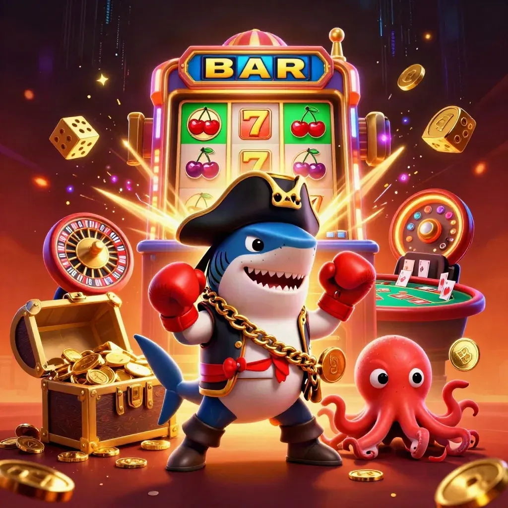 Shark pirate, pufferfish, and octopus celebrate with coins, slots, dice, and fireworks.