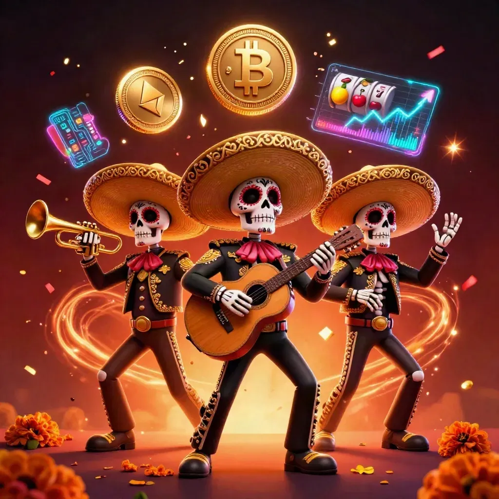 Three Day-of-the-Dead skeleton mariachis amid casino coins, reels, fireworks, and ember glow.