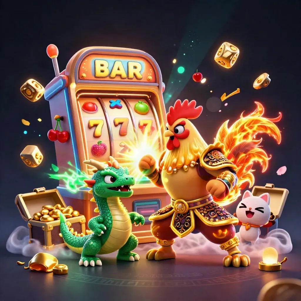 Rooster warrior, dragon hatchling, and lucky cat amid slot symbols and jackpot rays